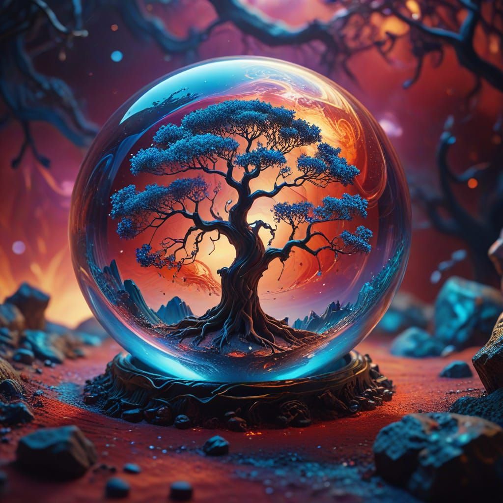 Dreamlike Tree in Crystal Orb on Red Lunar Surface