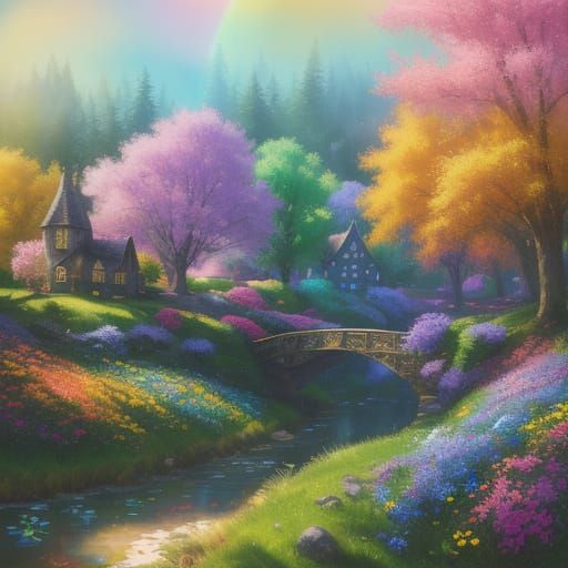 Vibrant Fantasy Village in Dreamy Impressionist Style