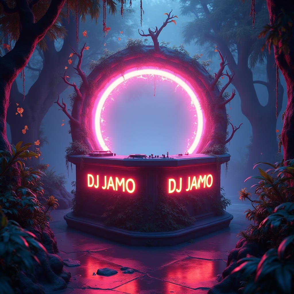 Glowing DJ Booth Amidst Vibrant Vines in Neon Colors