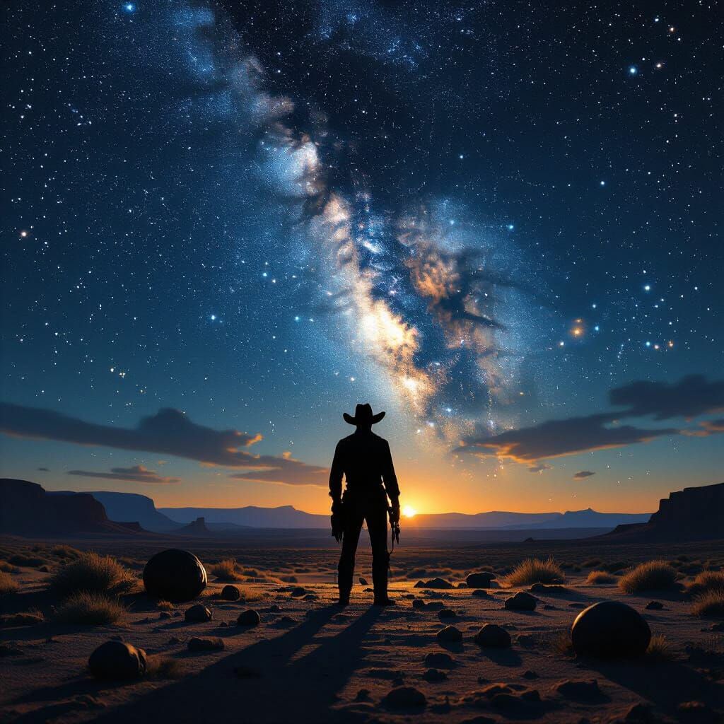 Cowboy Silhouetted Against Cosmic Milky Way Landscape