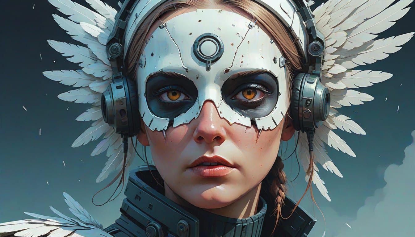 Hyperrealistic Masked Woman Angel Wings Symbol