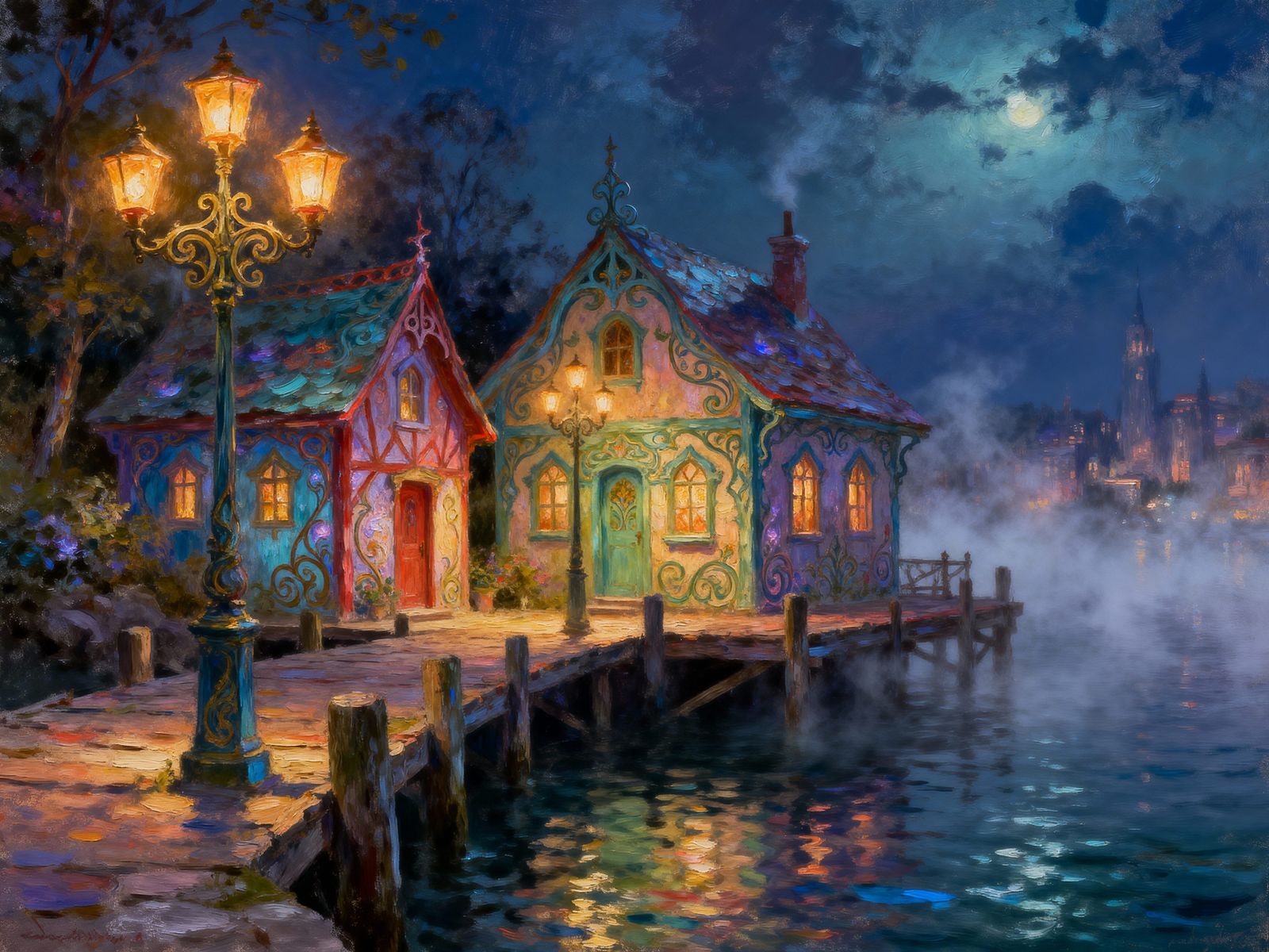 Misty Pier with Colorful Houses and Ornate Streetlamps