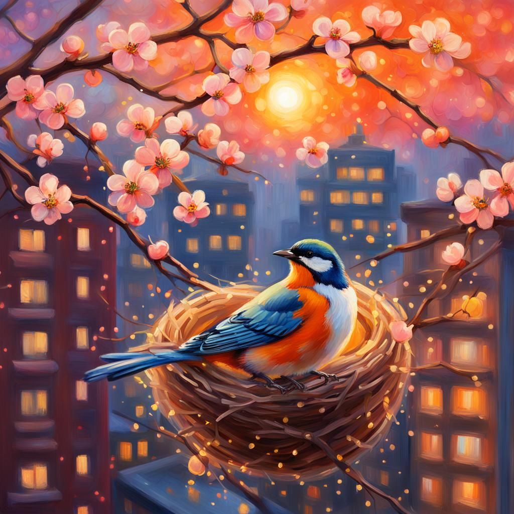 Bird's Nest in Times Square: Impressionist Cherry Tree