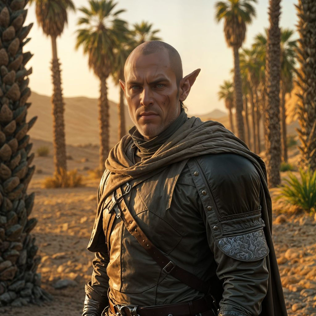 Elven Mercenary Guards Desert Oasis in Cinematic Style