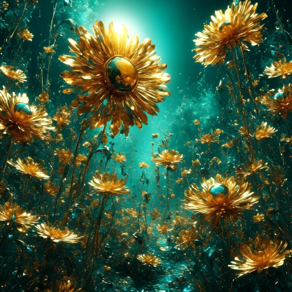 Field of Metal Flowers in Cinematic 3D Style