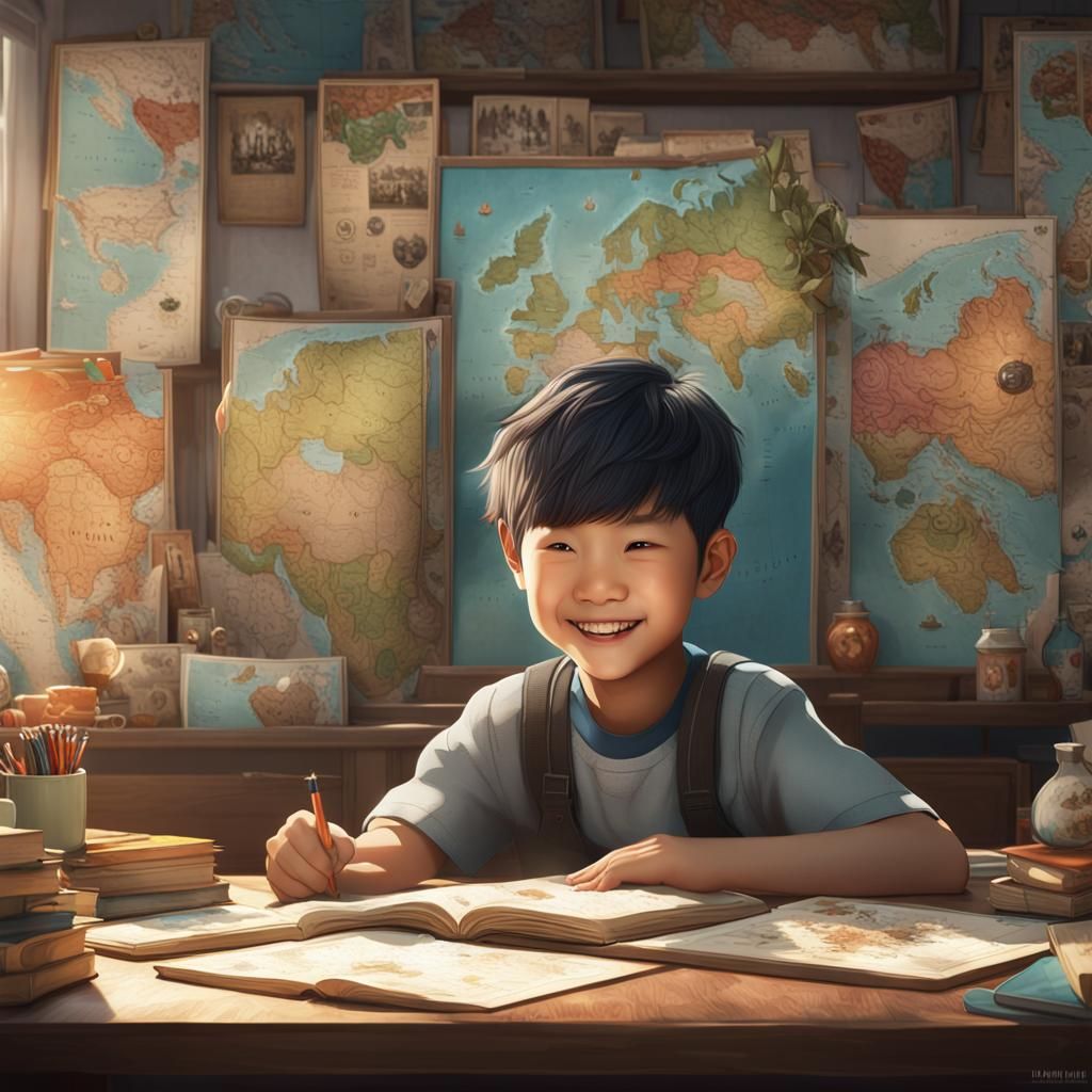 Detailed Portrait of Boy with Maps, Art Nouveau Style