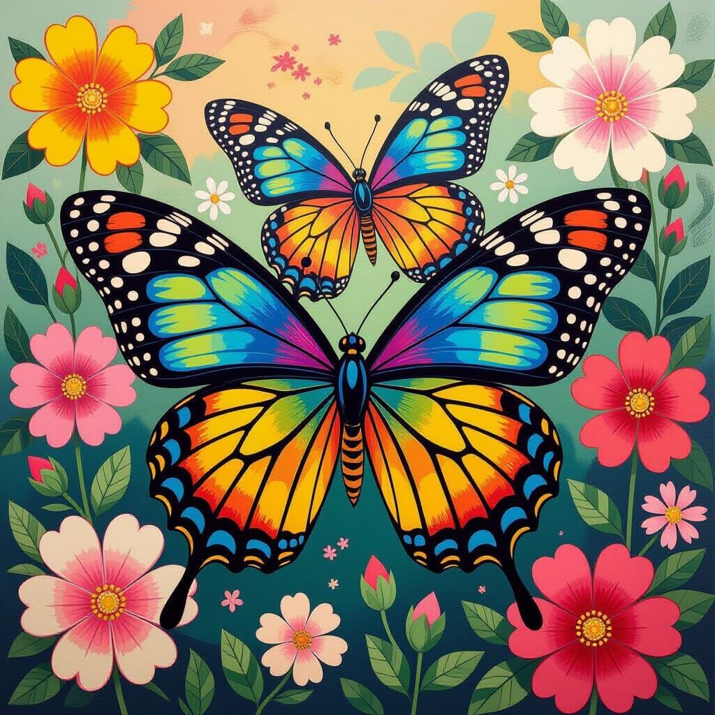 Iridescent Butterflies Among Flowers in Superflat Style