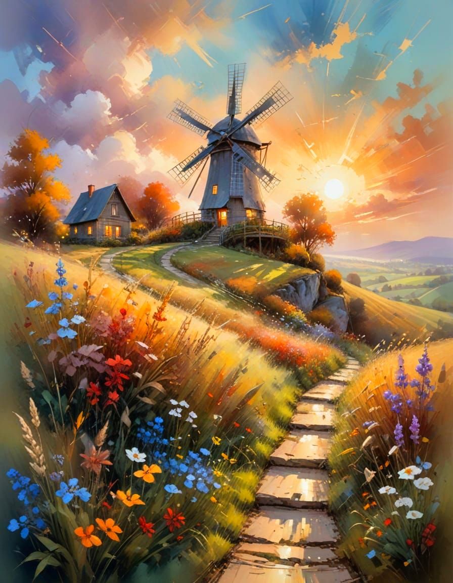 Autumn Windmill Landscape as Impasto Painting