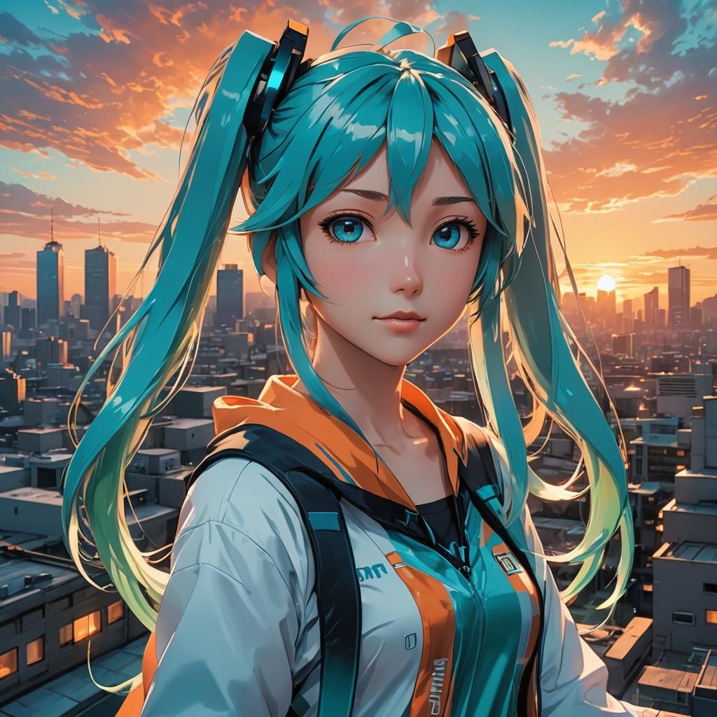 Hatsune Miku Anime Portrait at Sunset
