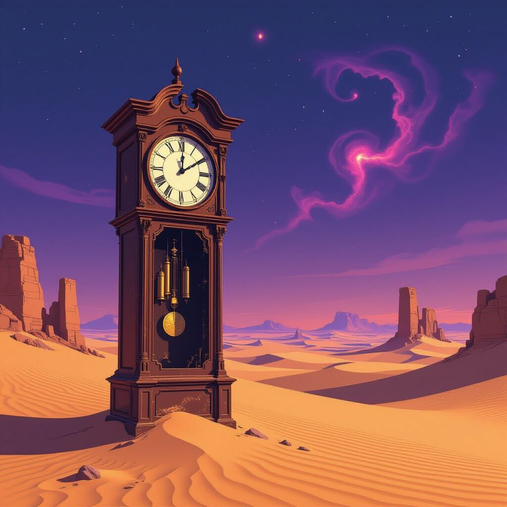Desert Grandfather Clock in Twilight Sci-Fi Landscape