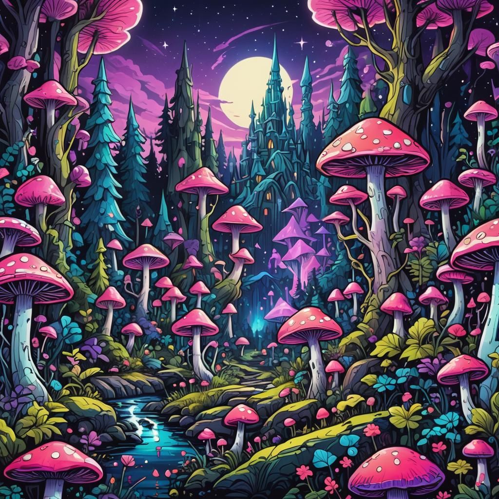 Mystical Neon Forest with Glowing Mushrooms