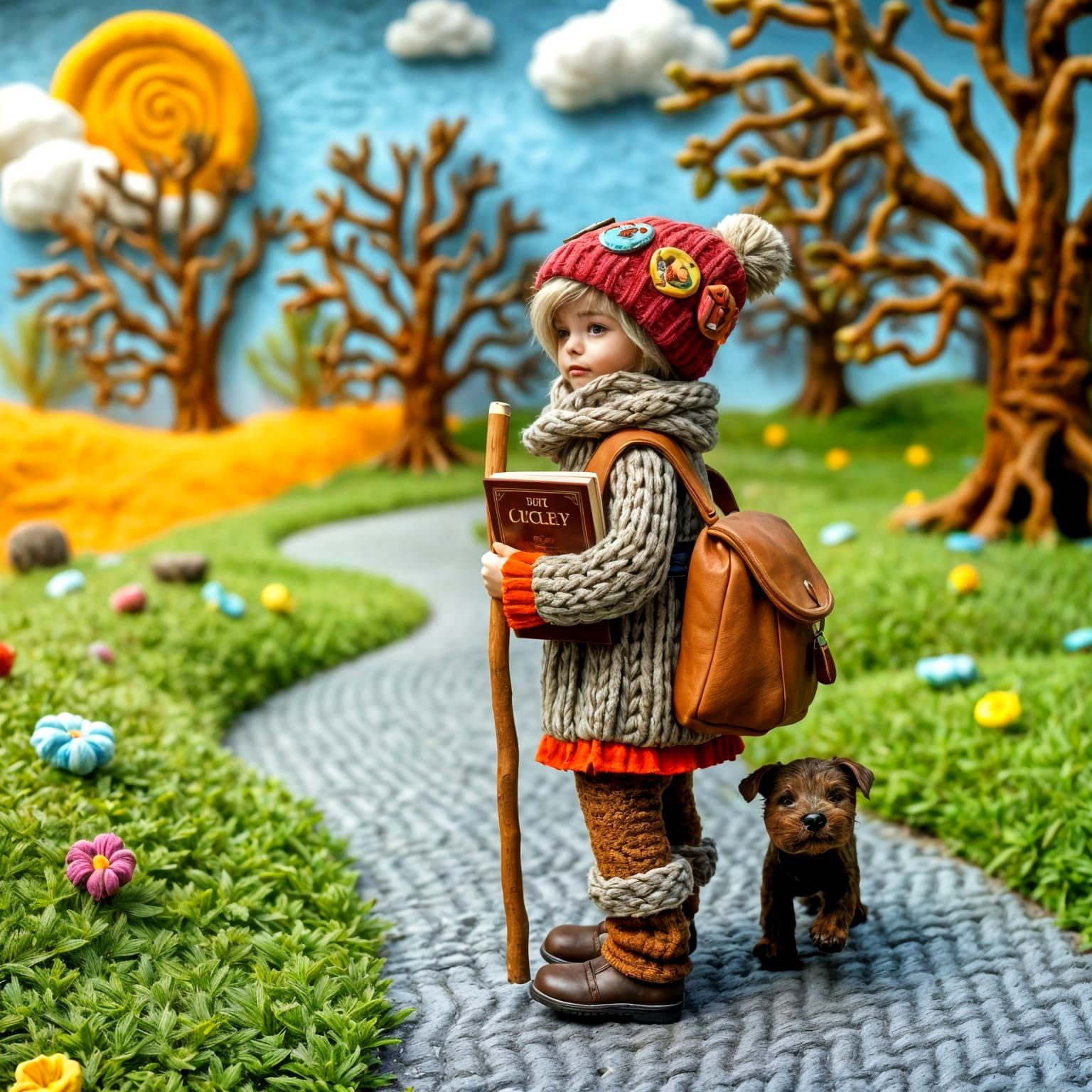 Cozy Hiker and Her Loyal Companion in a Hand-Knit Landscape