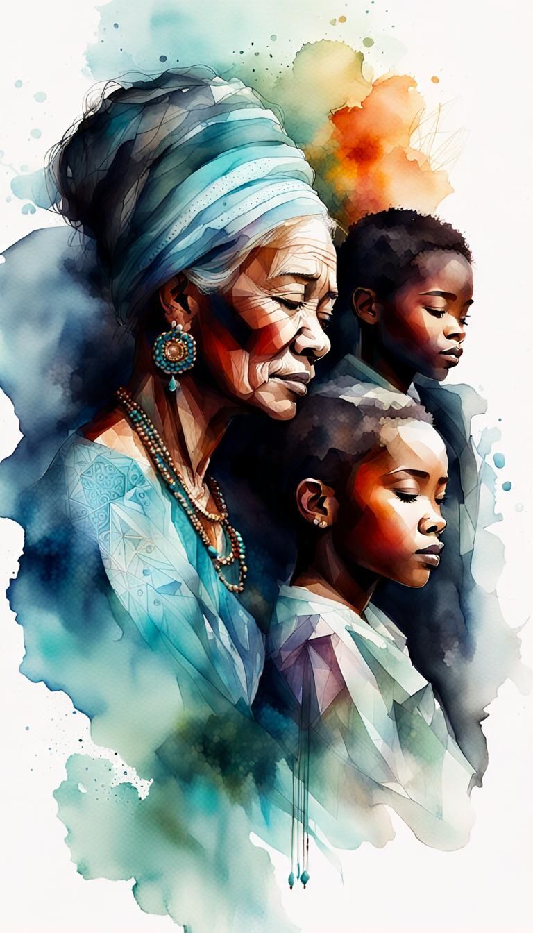 Vintage Watercolor of Grandmother Rocking Grandchild