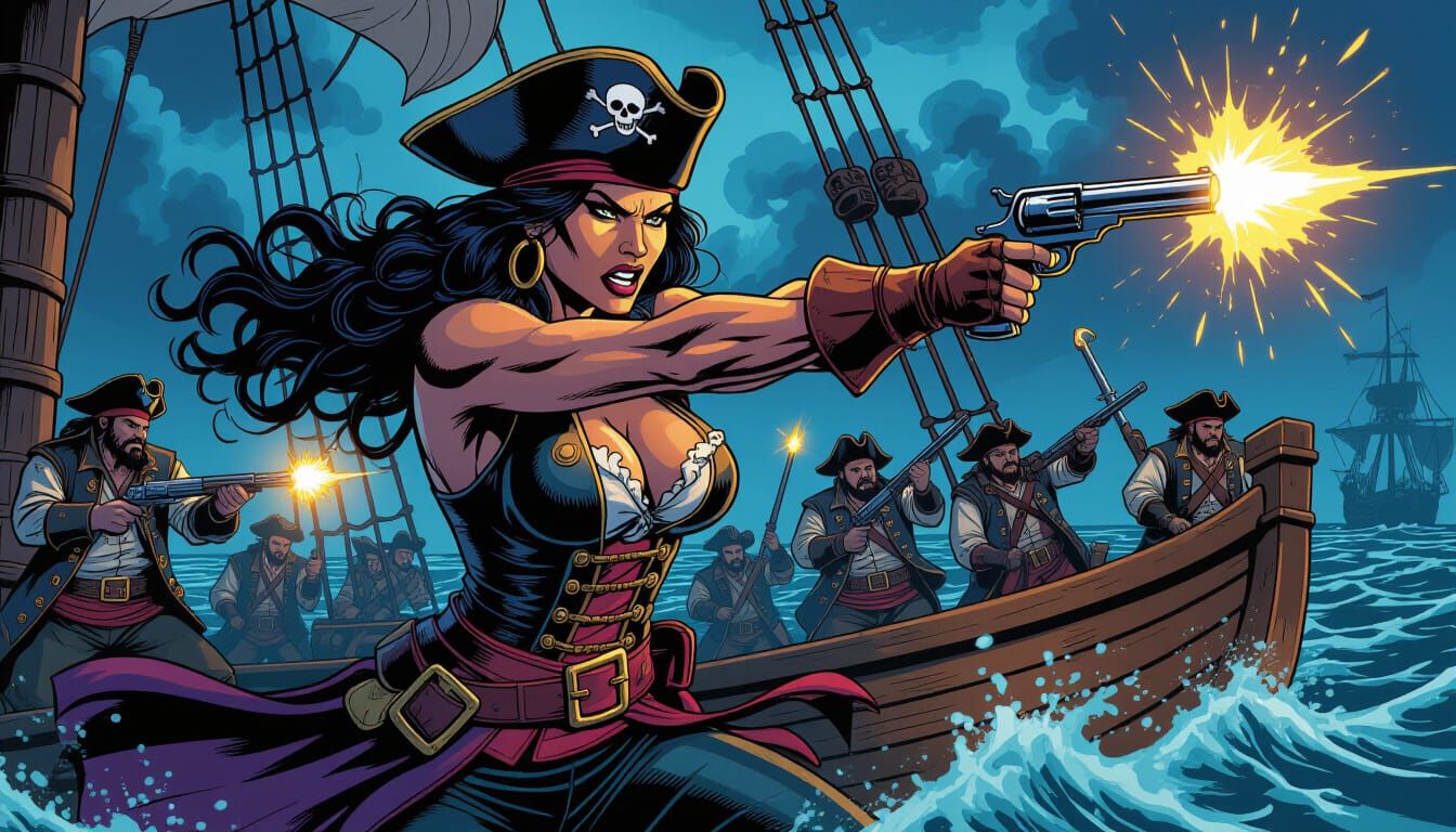 Muscular Pirate Woman Fires Pistol Amidst Ship Battle