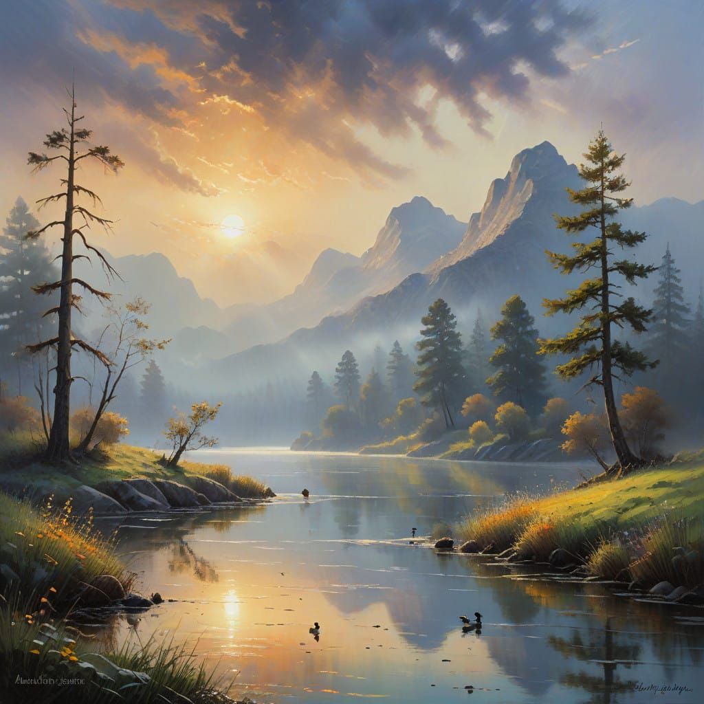 Surreal Oil Painting of Misty Lake with Animated Ducks