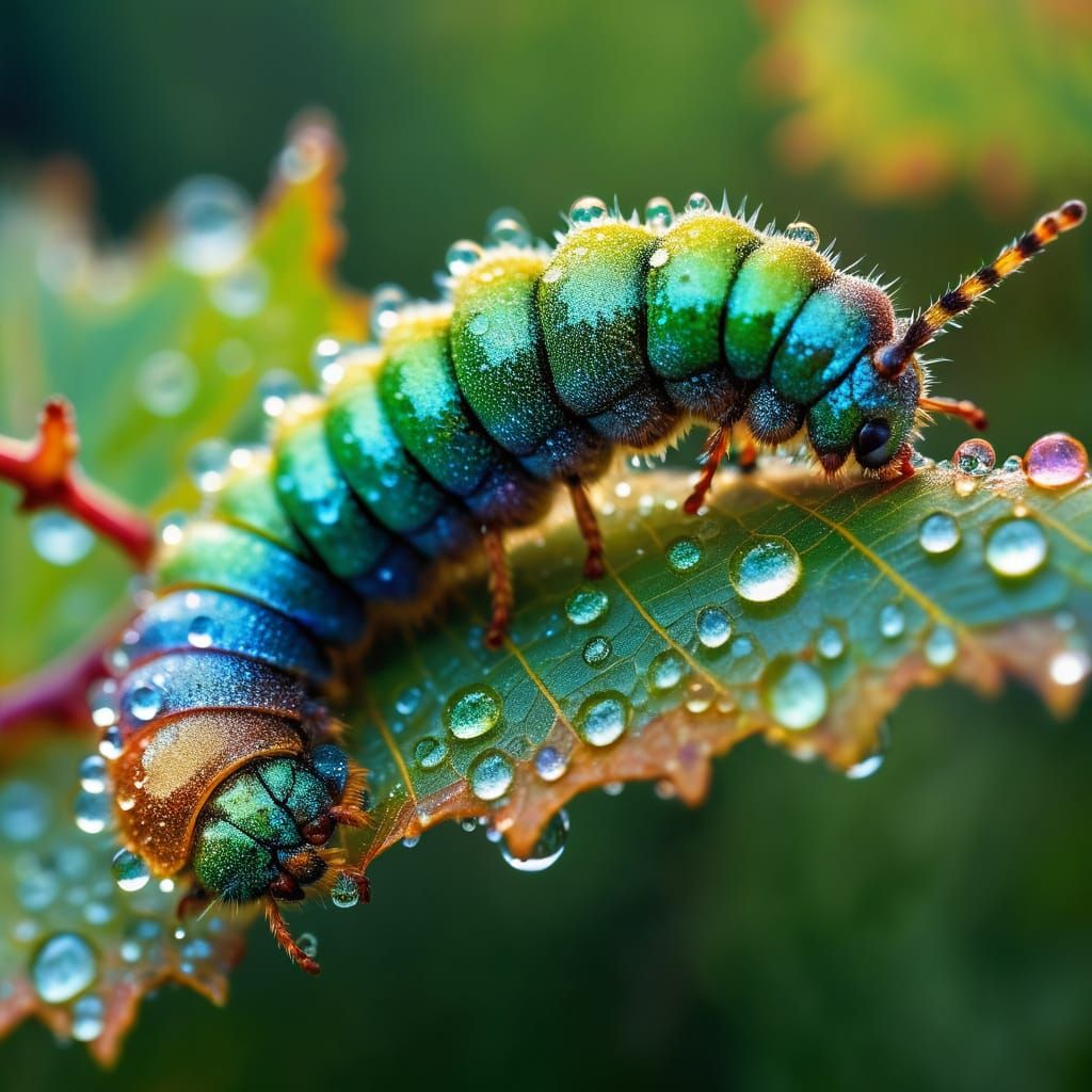 Iridescent Caterpillar on Dewy Leaf Macro Photography