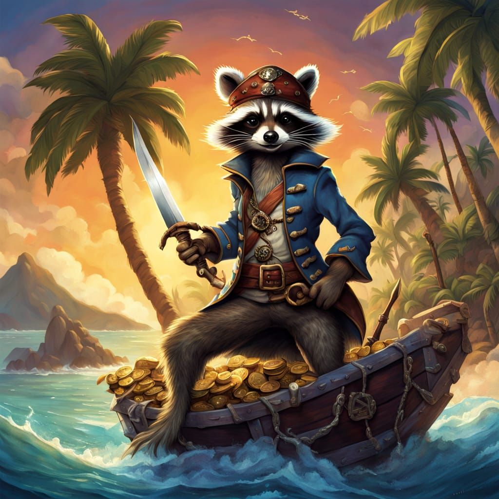 Raccoon Pirate Guarding Treasure Chest on Tropical Beach