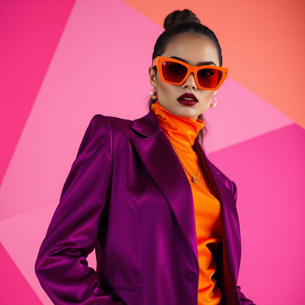 Fashion Model in Purple Blazer with Geometric Background
