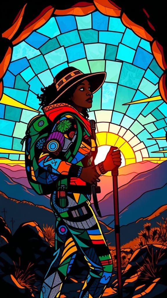 Afro-Futurist Hiker in Vibrant Stained Glass Style