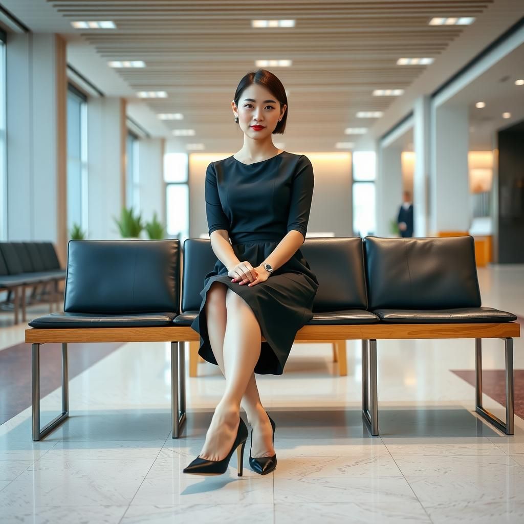 Asian Woman in Black Heels Sitting in Lobby