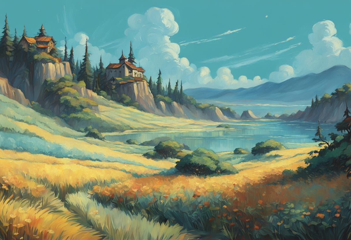 Mystical Lake Scene with Vintage Hand-Painted Feel