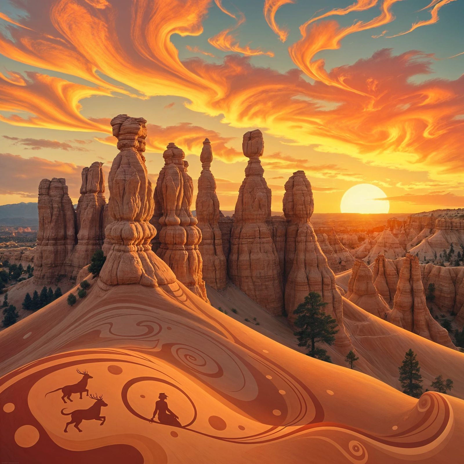 Art Nouveau Hoodoos at Sunset with Indigenous Cave Drawings