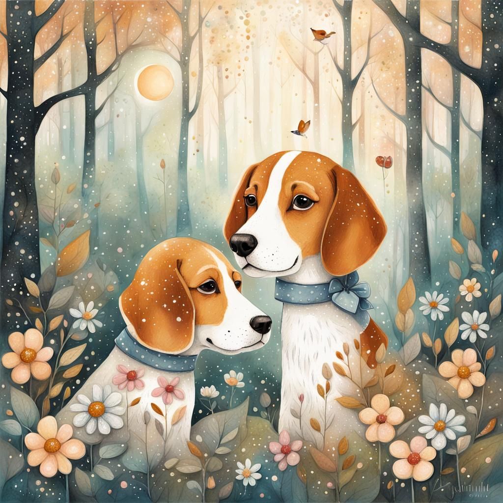 Whimsical baby beagles  and  mamawhimsical illustration, mag...