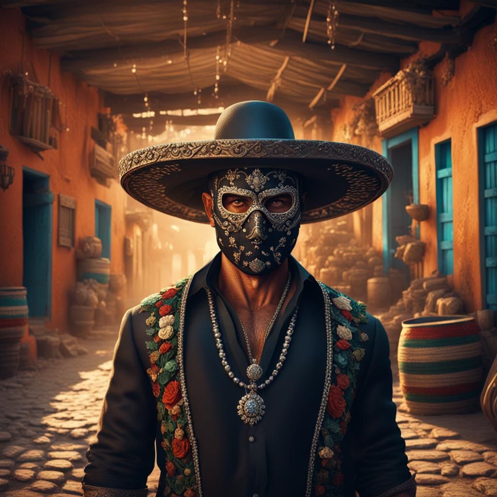 Mysterious Masked Man in Vintage Mexican Village