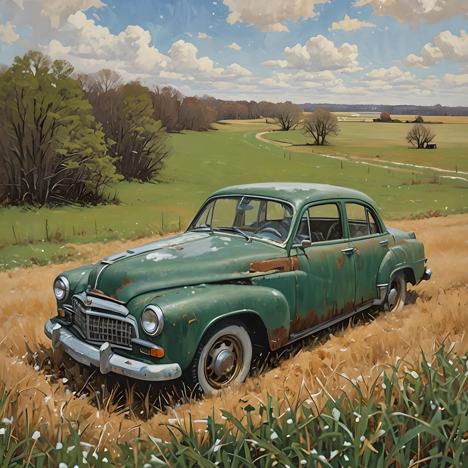 Abandoned Car in Snowy Midwest Field