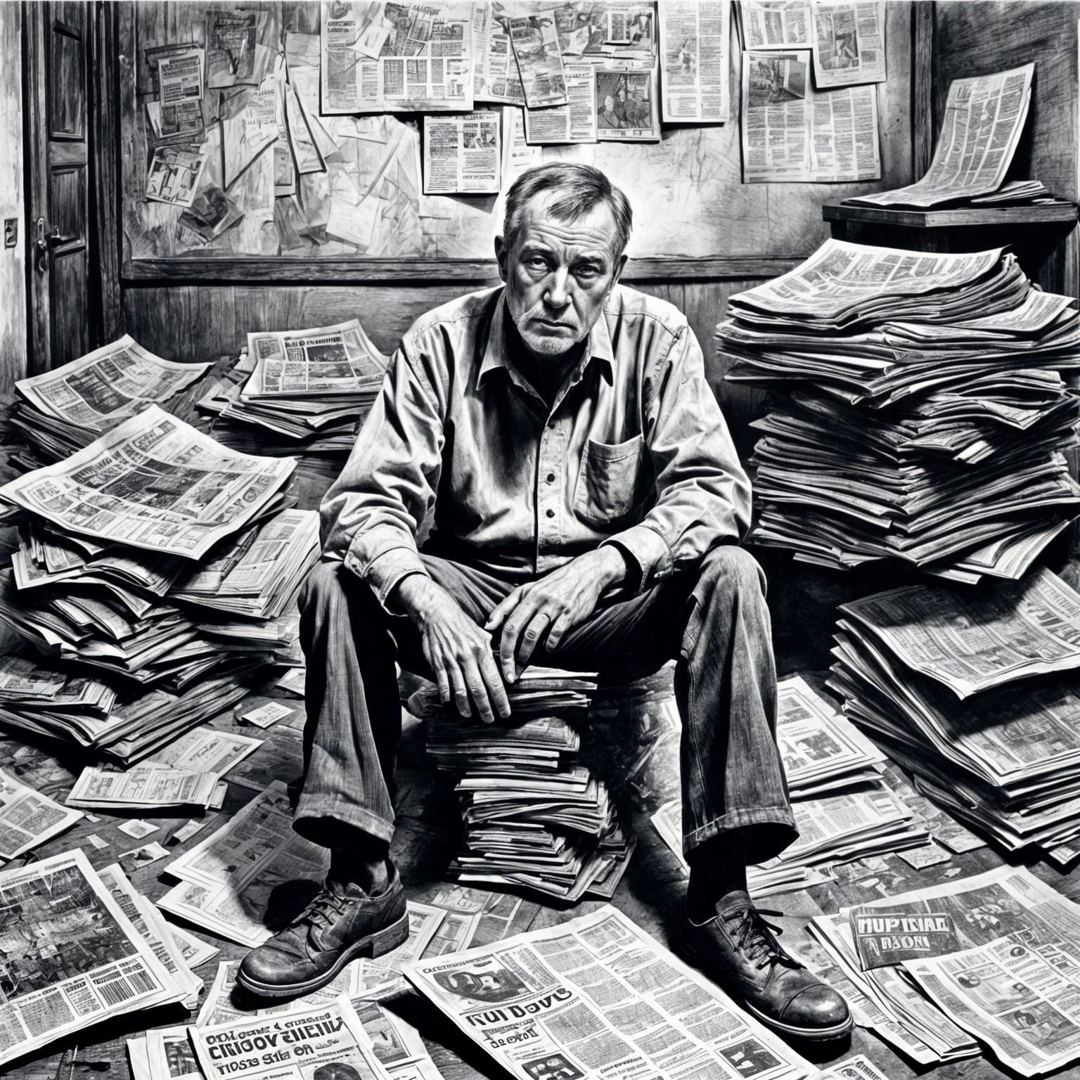 Sad Man in Dirty Room: Hyperdetailed Charcoal Drawing