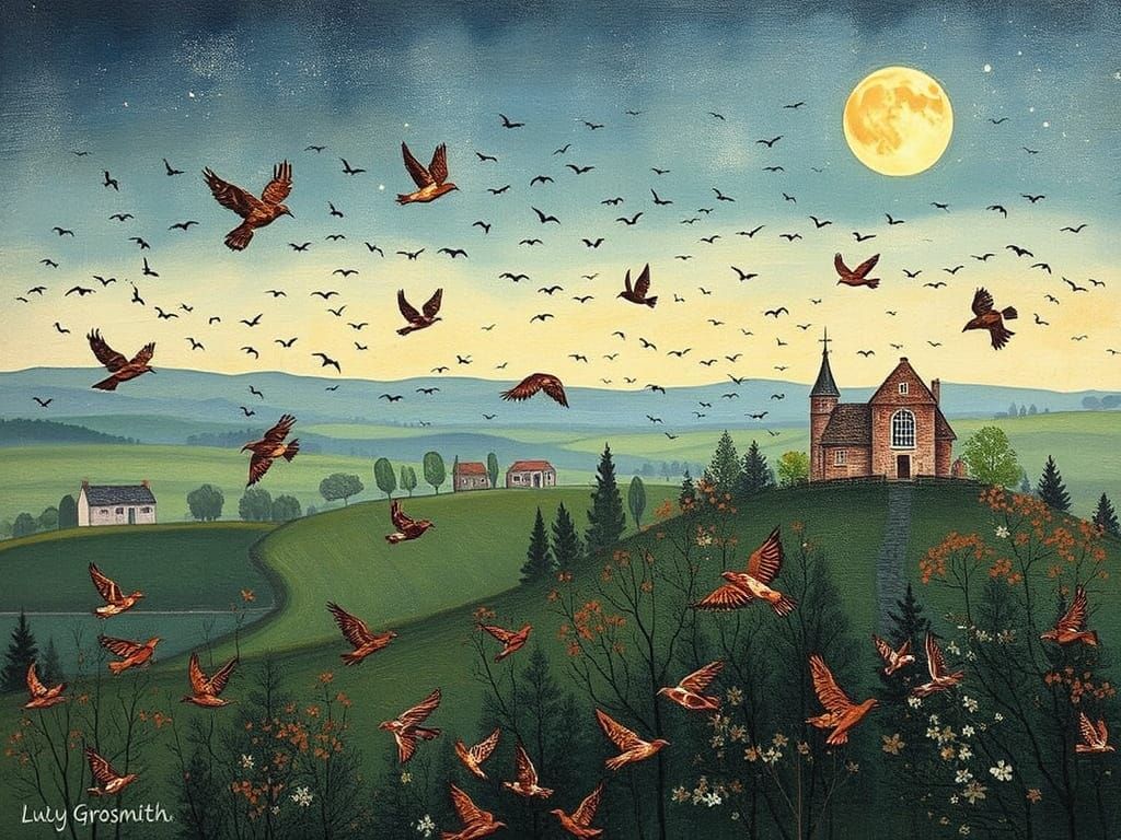 Peaceful Birds Disappear into Autumnal Skies in Whimsical Ar...