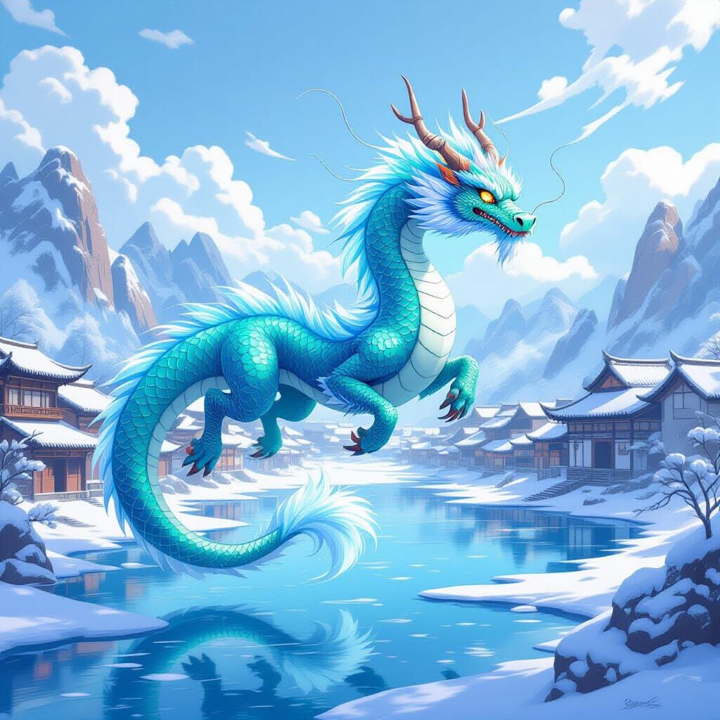 Chinese Dragon Soars Over Ancient Winter Landscape