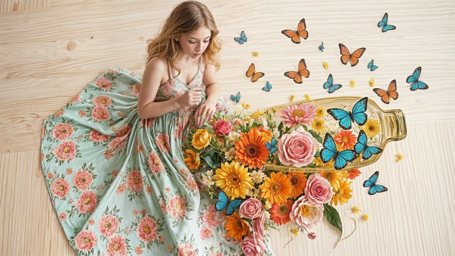 Young Woman in Whimsical Floral Paradise