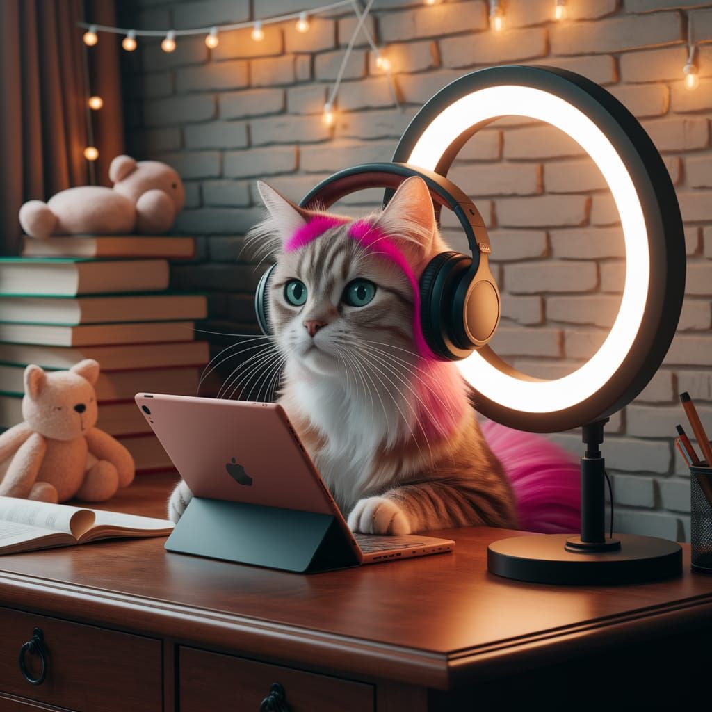 Gen Z Cat Influencer Recording Video in Cozy Dorm Room
