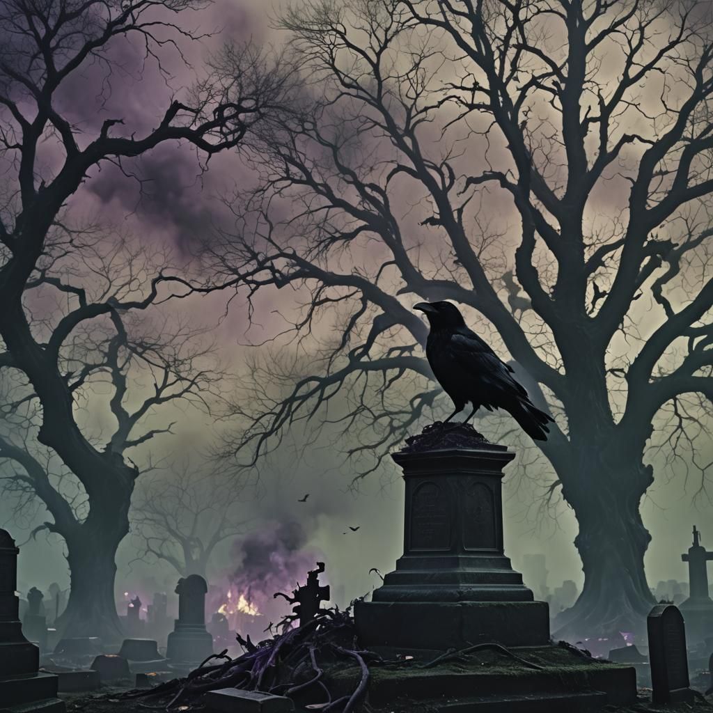 Eerie Crow on Grave in Mystical Smoke