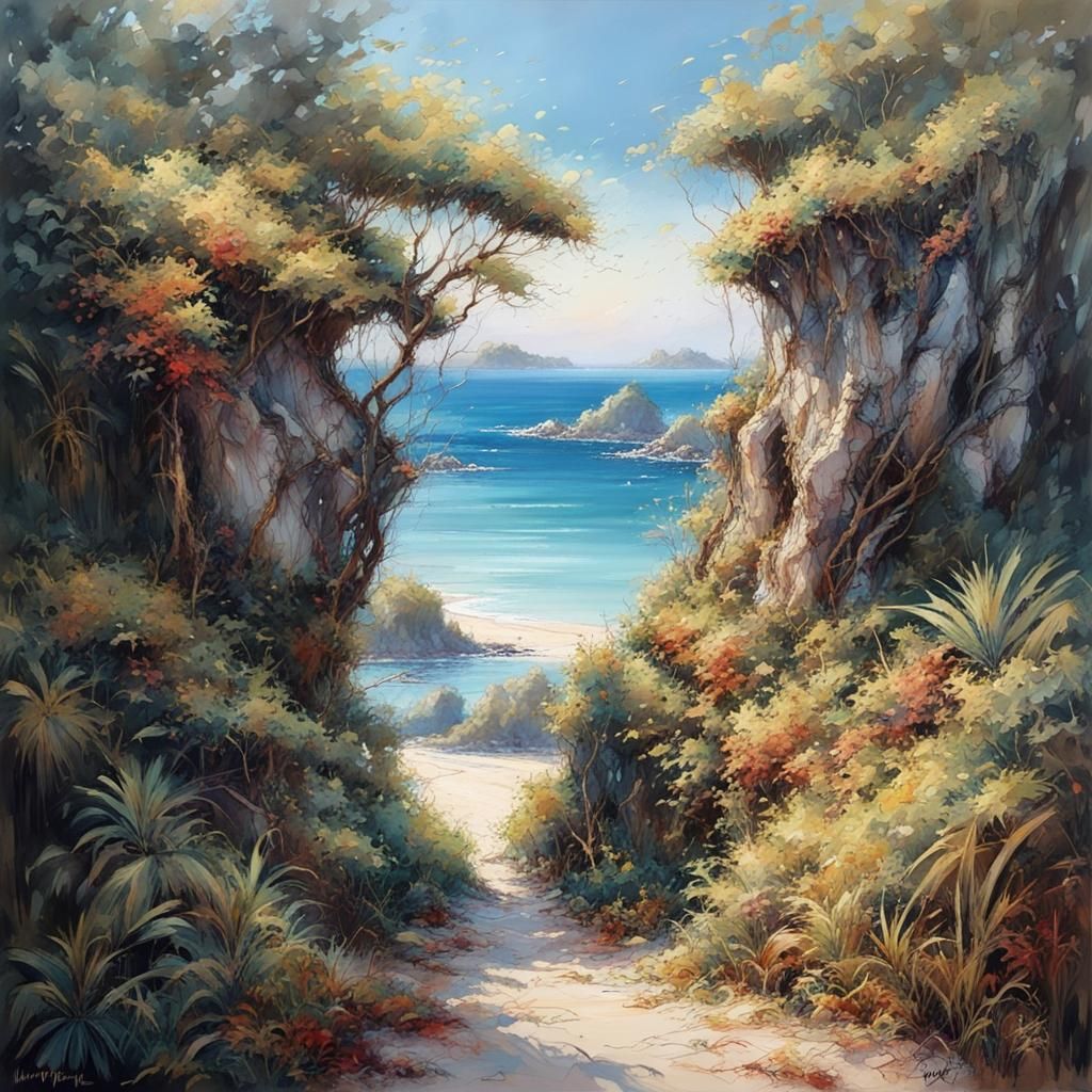 Okinawa Sunrise: Hyperdetailed Mixed Media Landscape