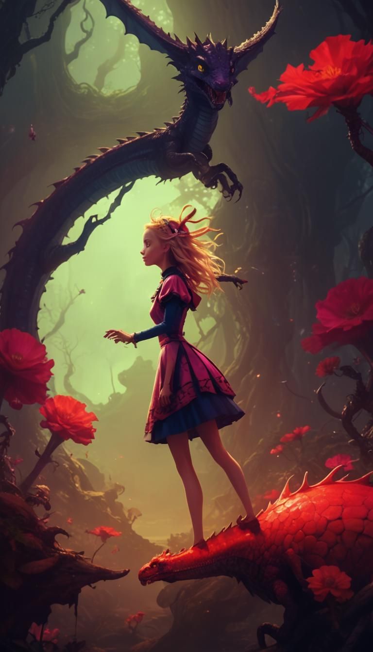 Alice in Wonderland Dragon Encounter: Detailed Matte Paintin...