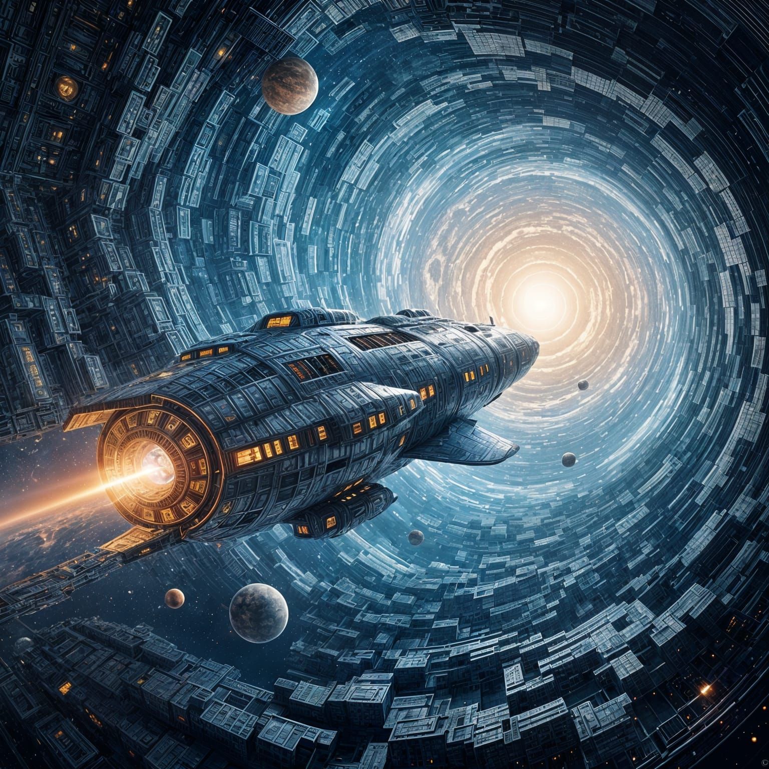 Escher-Inspired Spaceship Travels Through Cosmos