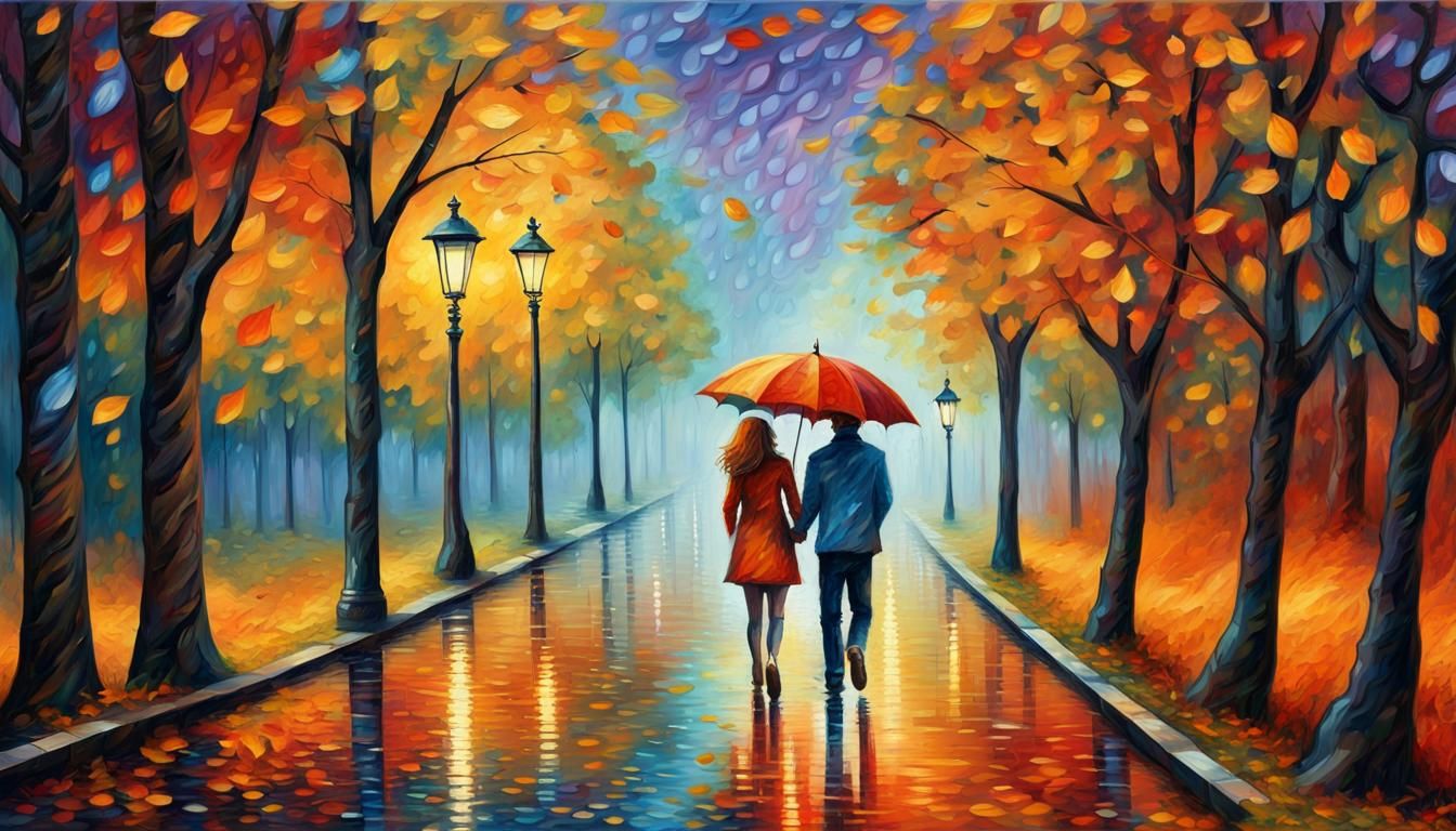 Romantic Autumn Walk in Madrid: Impressionist Painting