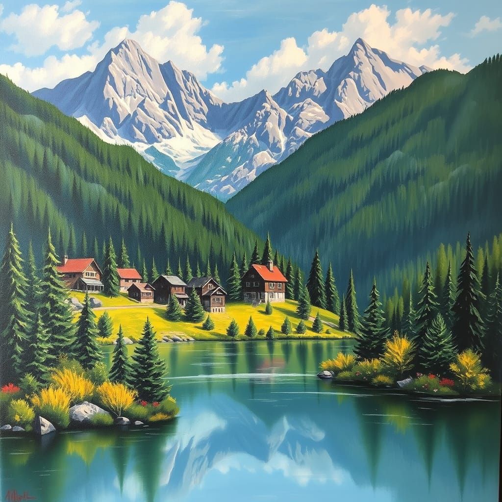 Picturesque Village Landscape in Oil Painting Style