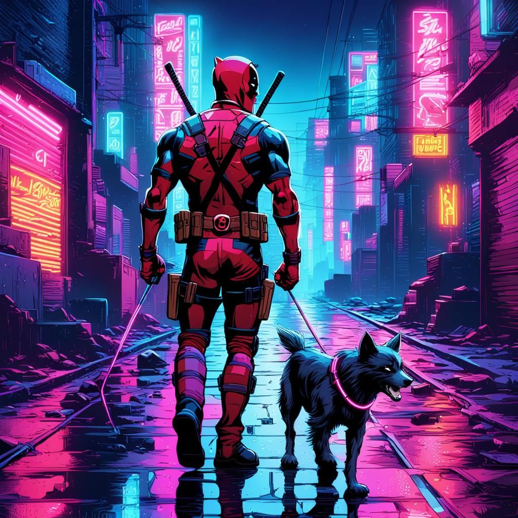 Deadpool Leads Wolverine in Synthwave Neon City