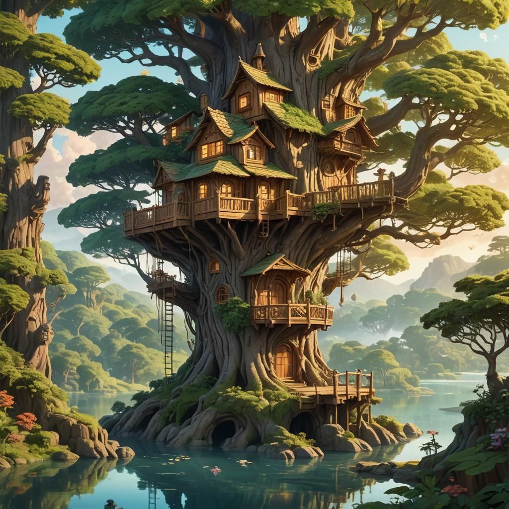 Majestic Treehouse in Lush Landscape, Miyazaki Style