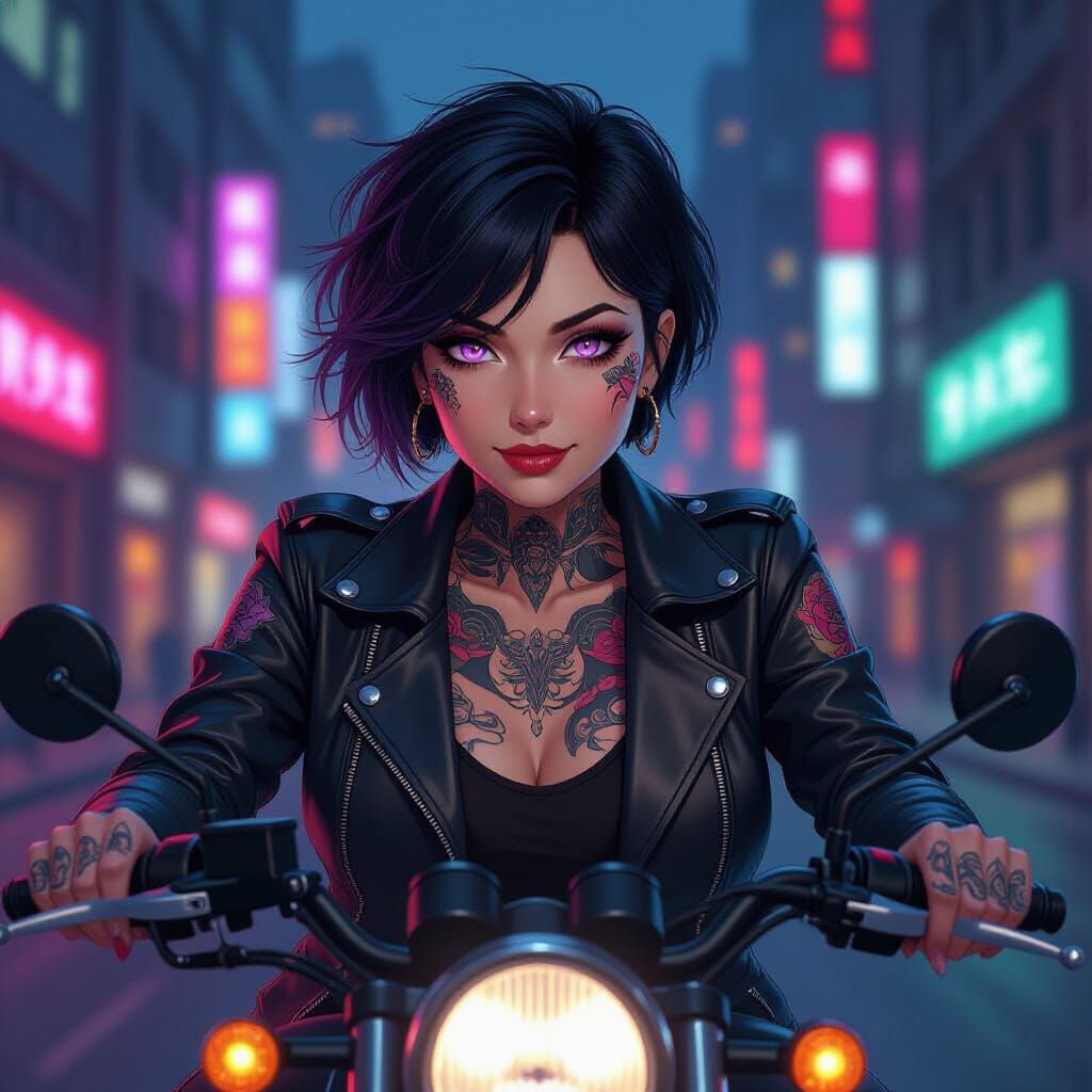 Elderly Woman Rides Motorcycle in Art Nouveau Style