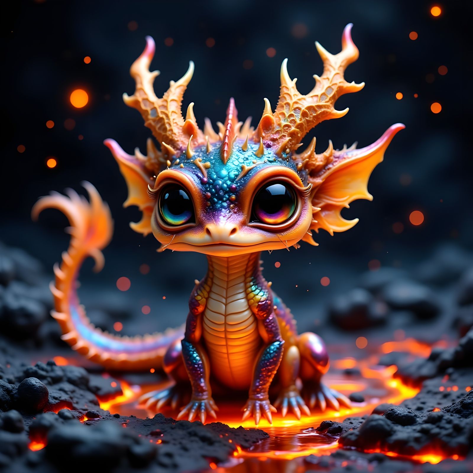 Cute Baby Dragon in Lava Puddle