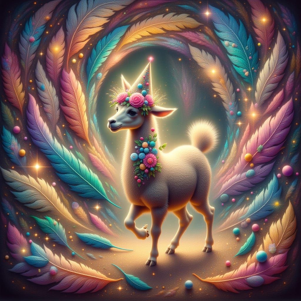 Delighted Baby Llama in Swirling Feathers and Sparkles
