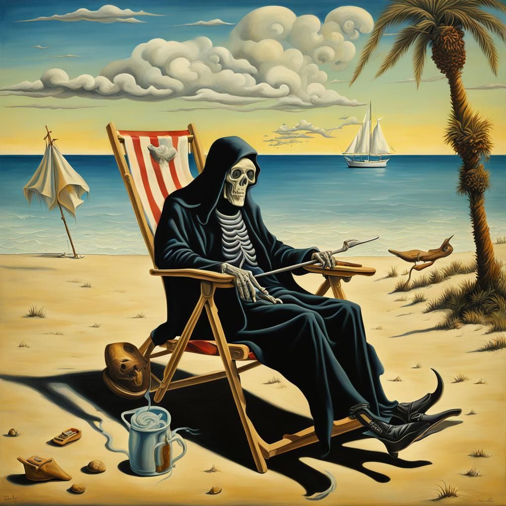 Grim Reaper's Surreal Beach Vacation as Oil Painting