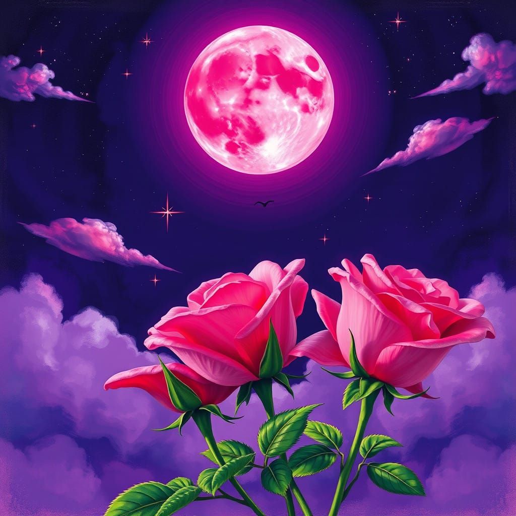 Vibrant Pink Full Moon Dazzles Under Dark Purple Skies with....