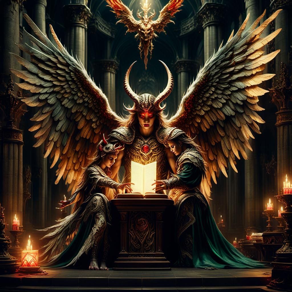 Eerie Angel with Demonic Features in Gothic Setting