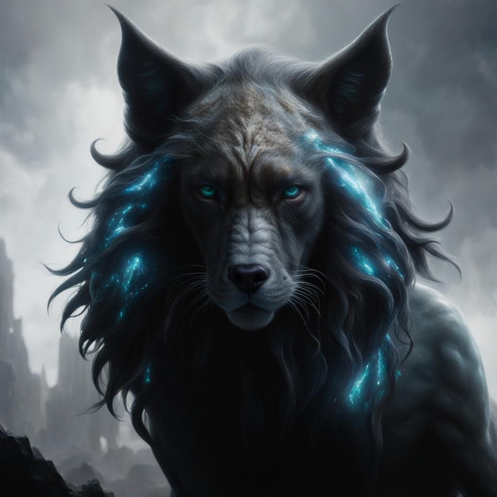 Fantasy Black Wolf with Bioluminescence in Hyperdetailed Sty...
