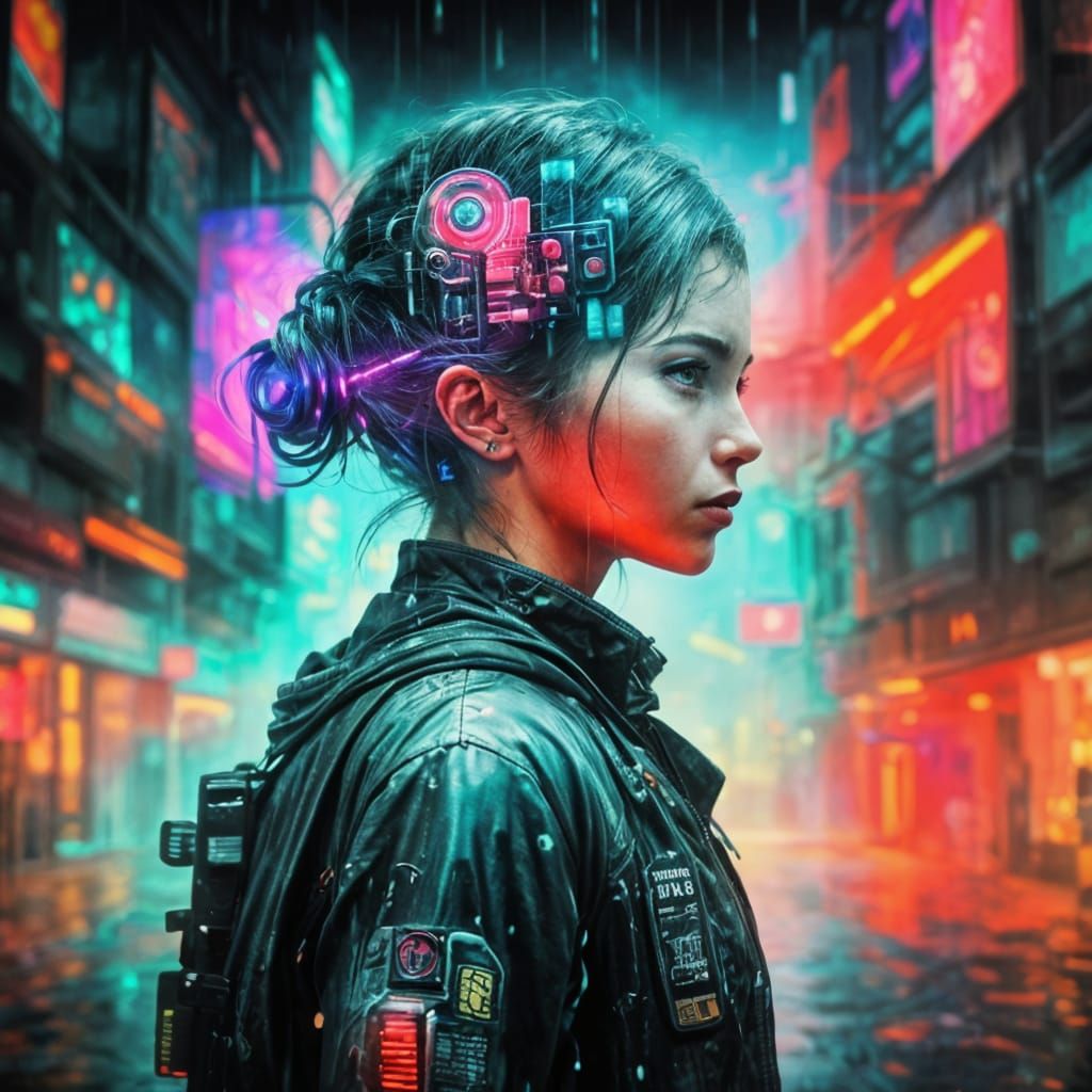 Cyberpunk Protagonist in Rainy City with Double Exposure